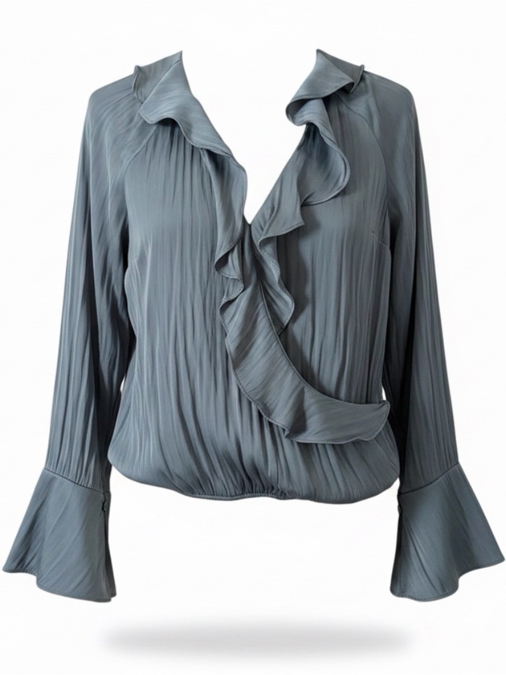 Ruffle V-Neck Blouse in Slate Blue
